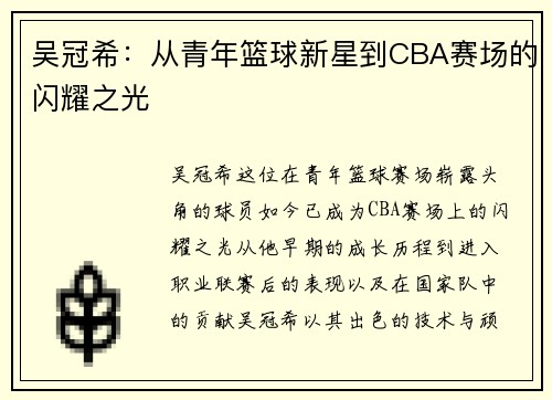 吴冠希：从青年篮球新星到CBA赛场的闪耀之光